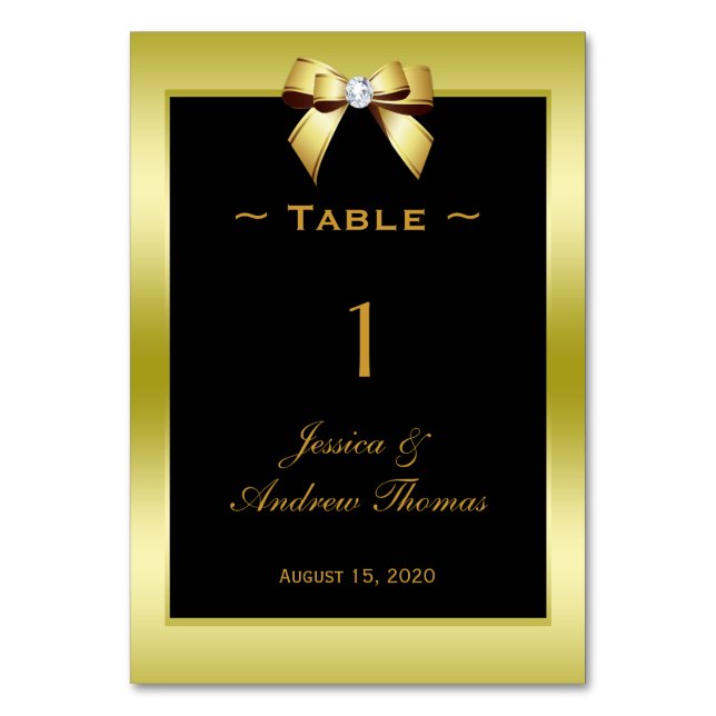 Glamorous Gold Bow & Black Wedding Table Number (Front)