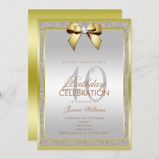 Glamorous Gold Bow & Silver Glitter 40th Birthday Invitation (Front/Back)