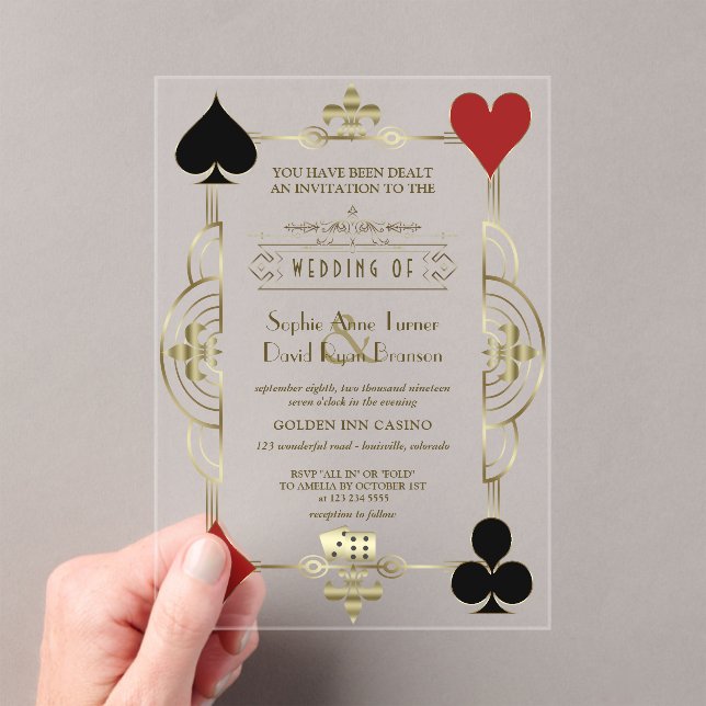 Glamorous Gold Casino Las Vegas Poker Wedding Acrylic Invitations (Insitu (Handheld))