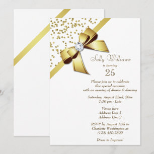 Glamorous Gold Confetti & Jewel Bow 25th Birthday Invitation