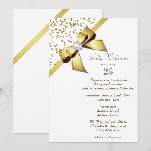 Glamorous Gold Confetti & Jewel Bow 25th Birthday Invitation