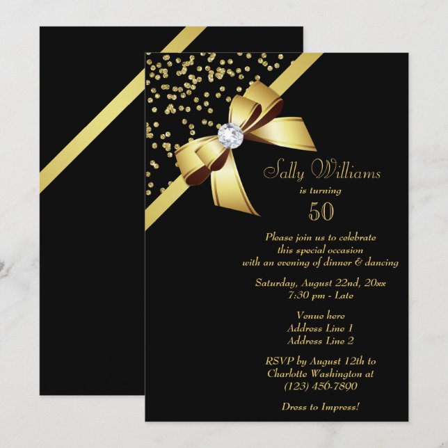 Glamorous Gold Confetti & Jewel Bow 50th Birthday Invitation (Front/Back)