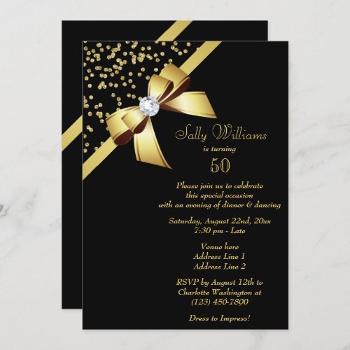 Glamorous Gold Confetti  Jewel Bow 50th Birthday Invitation