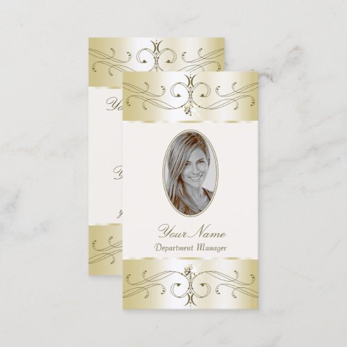 Glamorous Gold Cream Ornate Ornaments with Photo Business Card