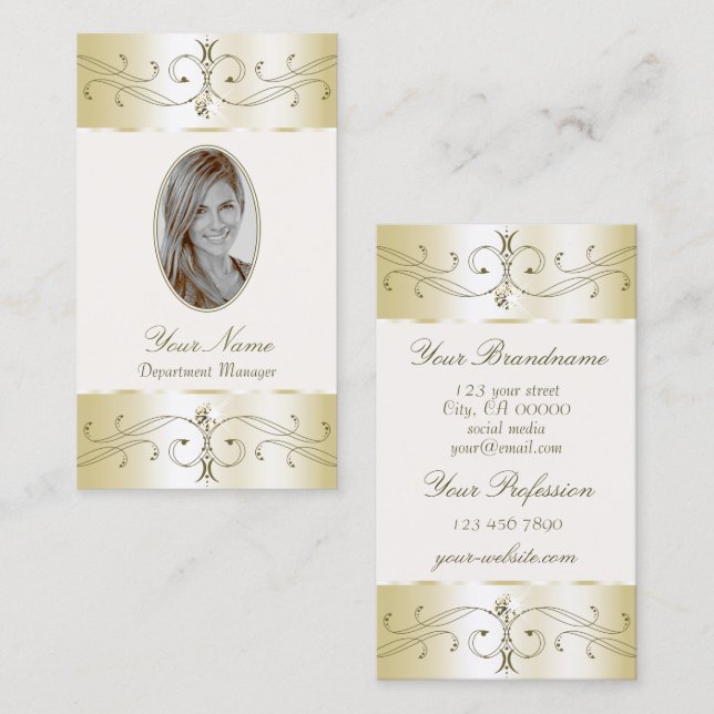 Glamorous Gold Cream Ornate Ornaments with Photo Business Card (Front/Back)
