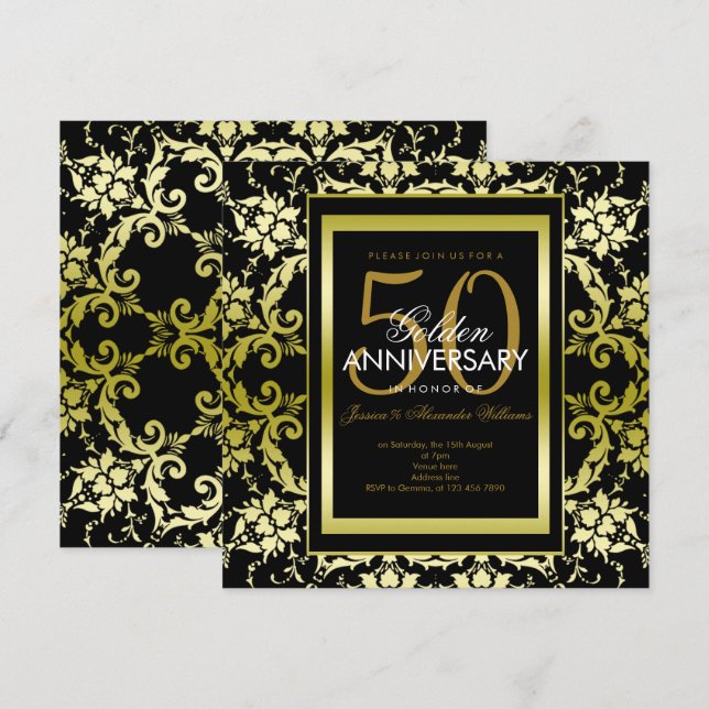 Glamorous Gold Damask 50th Wedding Anniversary Invitation (Front/Back)