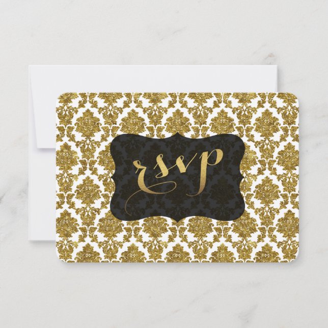 Glamorous Gold Damask Gold Foil Wedding RSVP (Front)