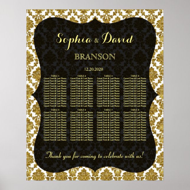 Glamorous Gold Damask Wedding Seating Chart (Front)