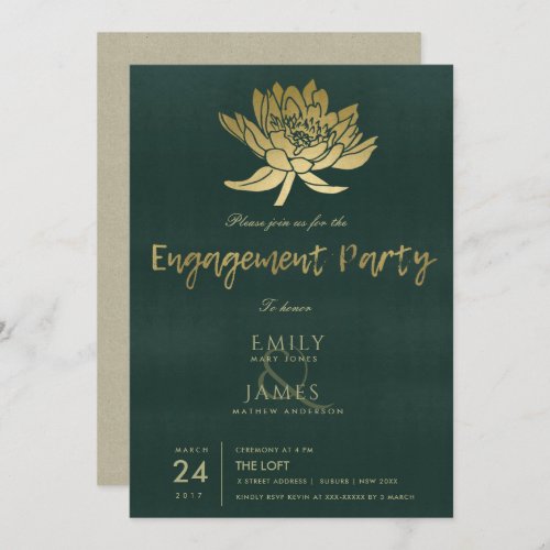 GLAMOROUS GOLD DARK GREEN LOTUS FLORAL ENGAGEMENT INVITATION