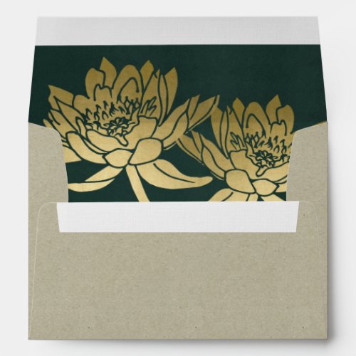 GLAMOROUS GOLD DARK GREEN LOTUS FLORAL  MONOGRAM ENVELOPE