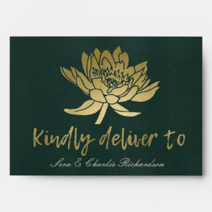 GLAMOROUS GOLD DARK GREEN LOTUS FLORAL  MONOGRAM ENVELOPE