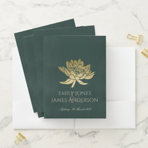 GLAMOROUS GOLD DARK GREEN LOTUS FLORAL MONOGRAM POCKET FOLDER