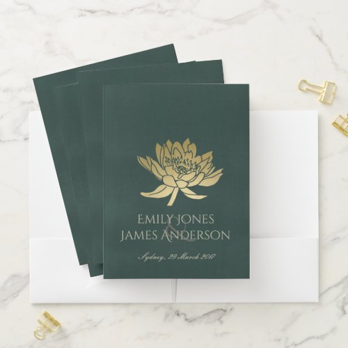 GLAMOROUS GOLD DARK GREEN  LOTUS FLORAL MONOGRAM POCKET FOLDER