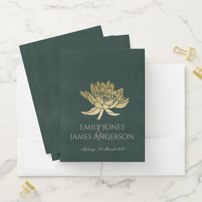 GLAMOROUS GOLD DARK GREEN  LOTUS FLORAL MONOGRAM POCKET FOLDER (In Situ)