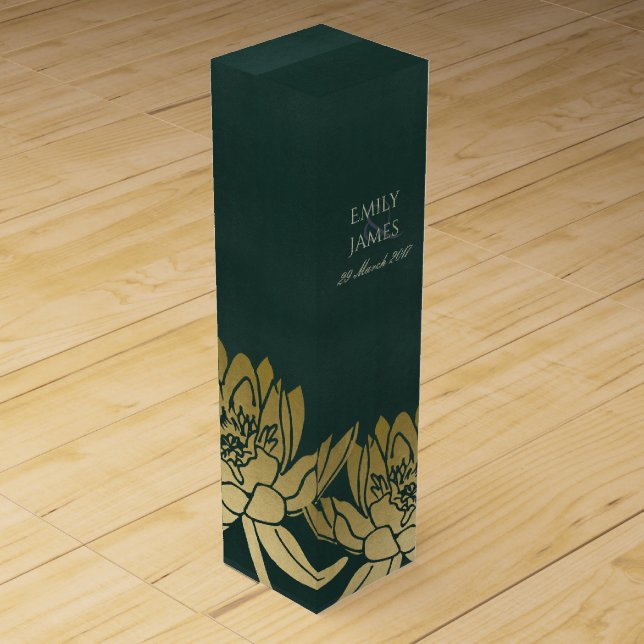 GLAMOROUS GOLD DARK GREEN  LOTUS FLORAL MONOGRAM WINE GIFT BOX (Front)