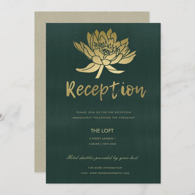 GLAMOROUS GOLD DARK GREEN LOTUS FLORAL RECEPTION INVITATION (Front/Back)