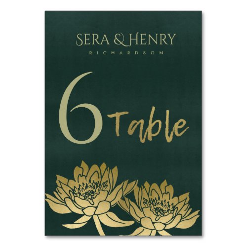 GLAMOROUS GOLD DARK GREEN LOTUS FLORAL TABLE TABLE NUMBER