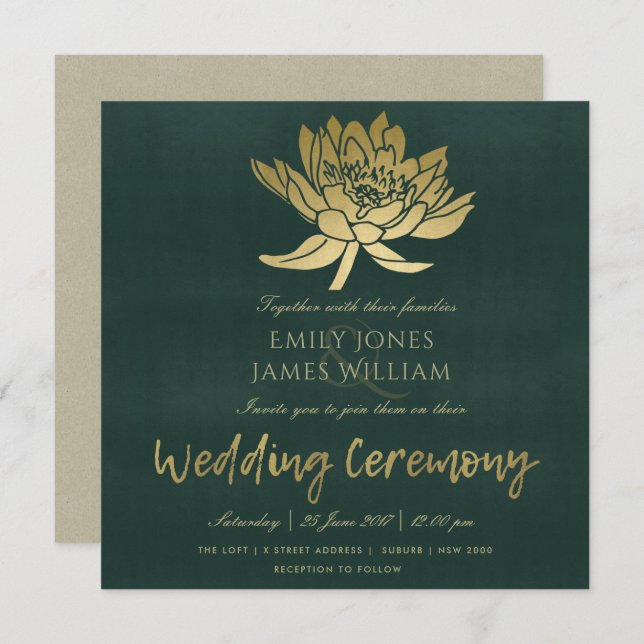 GLAMOROUS GOLD DARK GREEN LOTUS FLORAL WEDDING INVITATION (Front/Back)