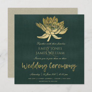 GLAMOROUS GOLD DARK GREEN LOTUS FLORAL WEDDING INVITATION