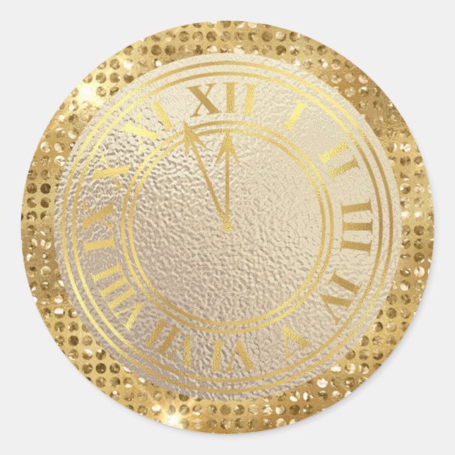Glamorous Gold Diamonds Almost Midnight Clock Classic Round Sticker (Front)