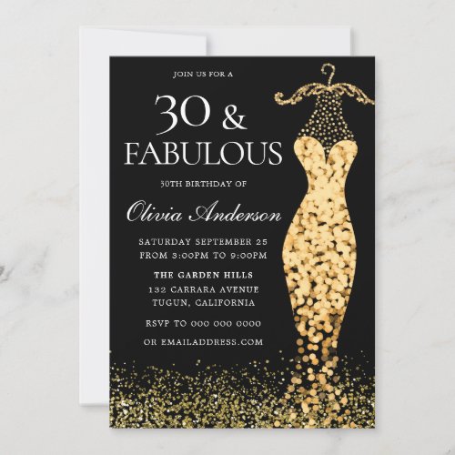 Glamorous Gold Dress Fabulous 30th Birthday Invitation