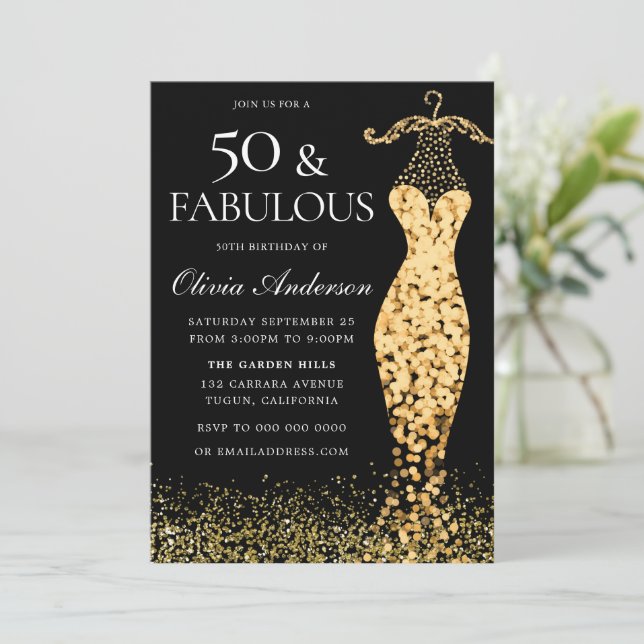 Glamorous Gold Dress Fabulous 50th Birthday Invitation | Zazzle