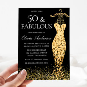 Glamorous Gold Dress Fabulous 50th Birthday Invitation