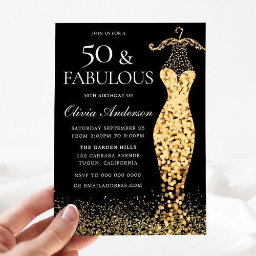 Glamorous Gold Dress Fabulous 50th Birthday Invitation
