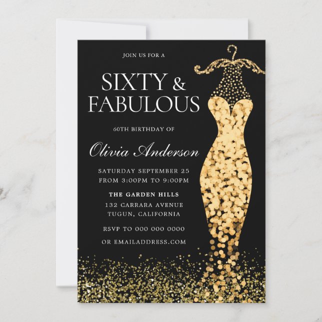 Glamorous Gold Dress Fabulous 60th Birthday Invitation (Front)
