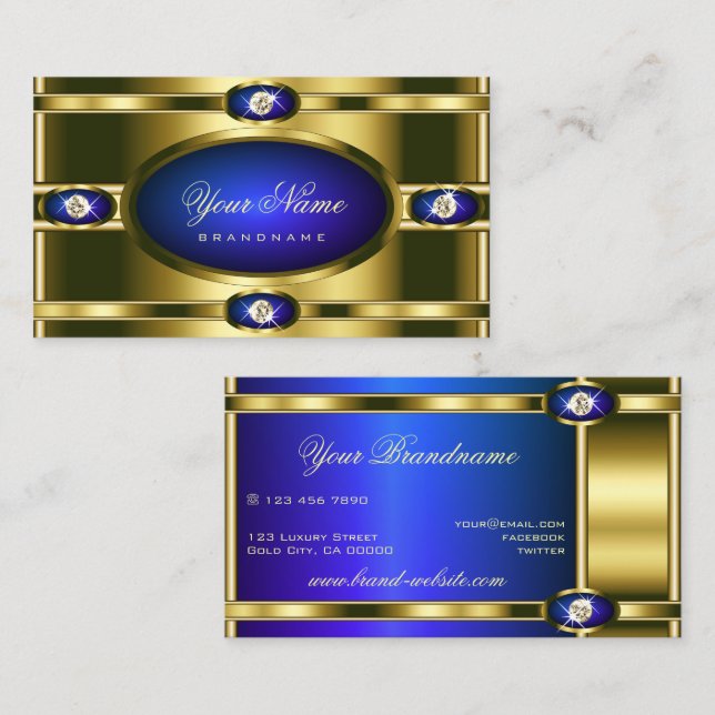 Glamorous Gold Effects Blue with Faux Rhinestones Business Card (Front/Back)
