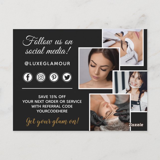 Glamorous Gold Eye Lash Brow Bar 4-Photo Marketing Postcard (Back)