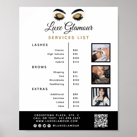 Glamorous Gold Eye Lash Brow Beauty Bar Price List Poster
