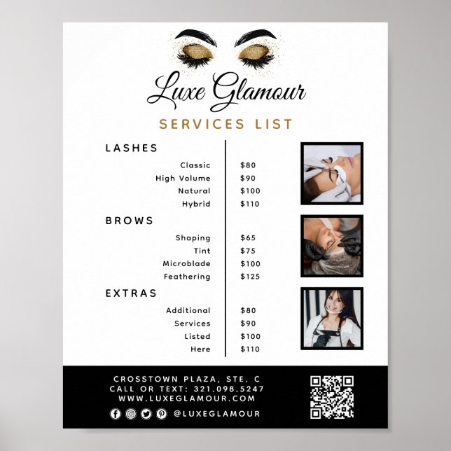 Glamorous Gold Eye Lash Brow Beauty Bar Price List Poster (Front)
