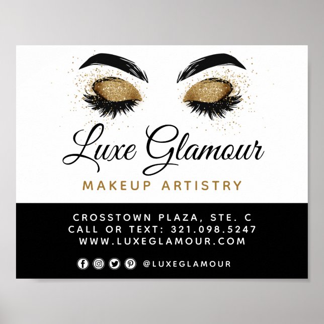 Glamorous Gold Eye Lashes Brows Beauty Bar Signage Poster (Front)