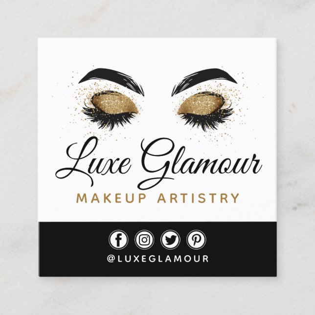 Glamorous Gold Eye Lashes Brows Beauty Bar Social Square Business Card (Front)