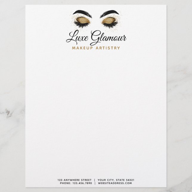 Glamorous Gold Eye Lashes Makeup Artist Beauty Bar Letterhead (Front)