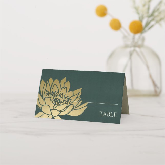 GLAMOROUS GOLD FAUX DARK GREEN LOTUS FLORAL PLACE CARD (Front)