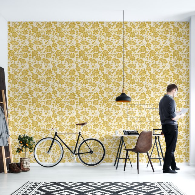 Glamorous Gold Floral Lace Wallpaper (Living Room)