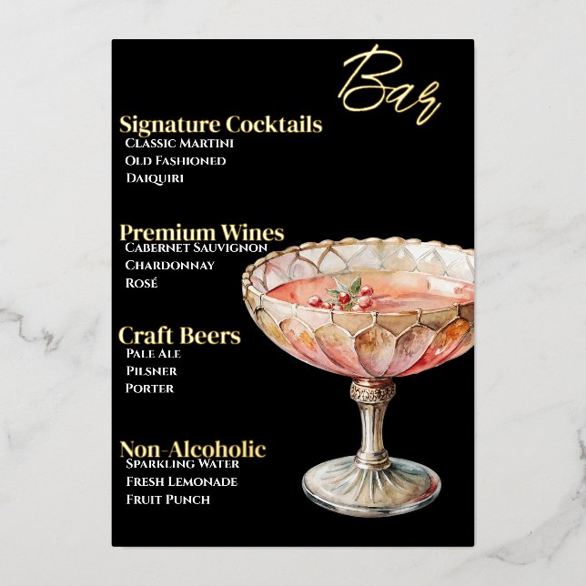 Glamorous Gold-Foiled Beverage Menu (Front)