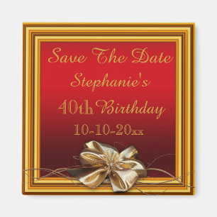 Glamorous Gold Frame & Faux Bow 40th Birthday Magnet