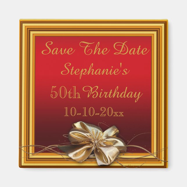 Glamorous Gold Frame & Faux Bow 50th Birthday Magnet (Front)