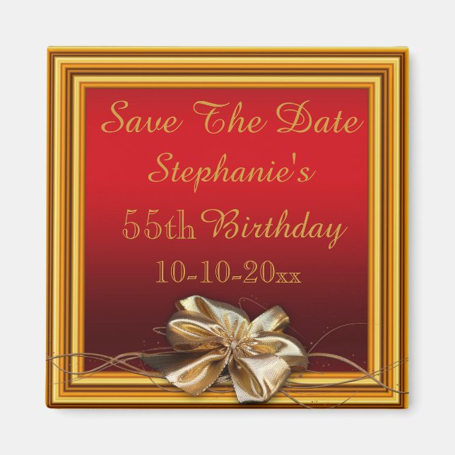 Glamorous Gold Frame & Faux Bow 55th Birthday Magnet (Front)