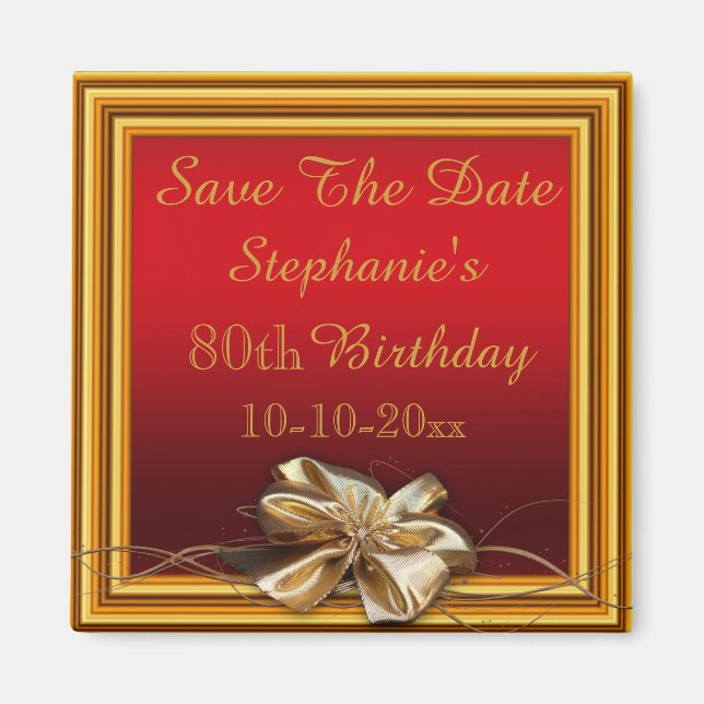 Glamorous Gold Frame & Faux Bow 80th Birthday Magnet (Front)