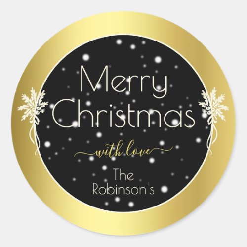 Glamorous Gold Frame Merry Christmas Style Black Classic Round Sticker