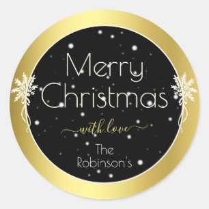 Glamorous Gold Frame Merry Christmas Style Black Classic Round Sticker