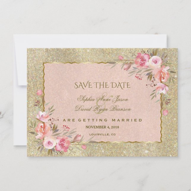 Glamorous Gold Glitter Blush Floral Save The Date (Front)