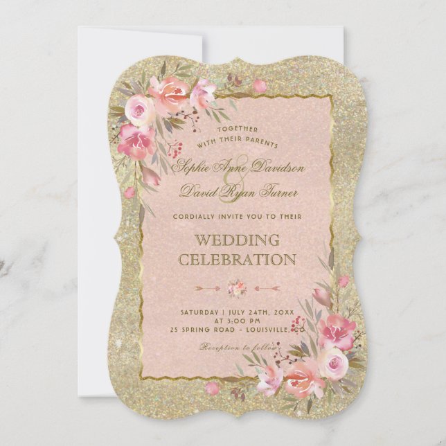Glamorous Gold Glitter Blush Floral Wedding Invitation (Front)