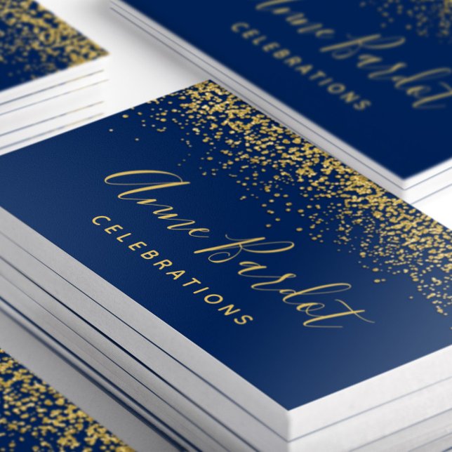 Glamorous Gold Glitter Confetti Navy Blue Business Card (Closeup of stacked Glamorous Blue and Gold Confetti Business Cards)