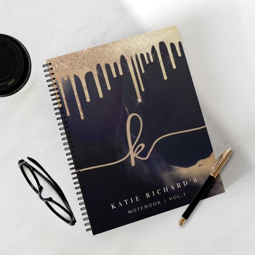 Glamorous Gold Glitter Drip Dark Ink Glam Monogram Notebook