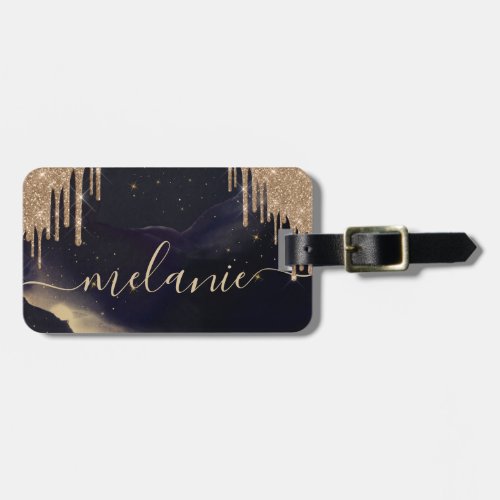 Glamorous Gold Glitter Drip Dark Ink Script Name Luggage Tag